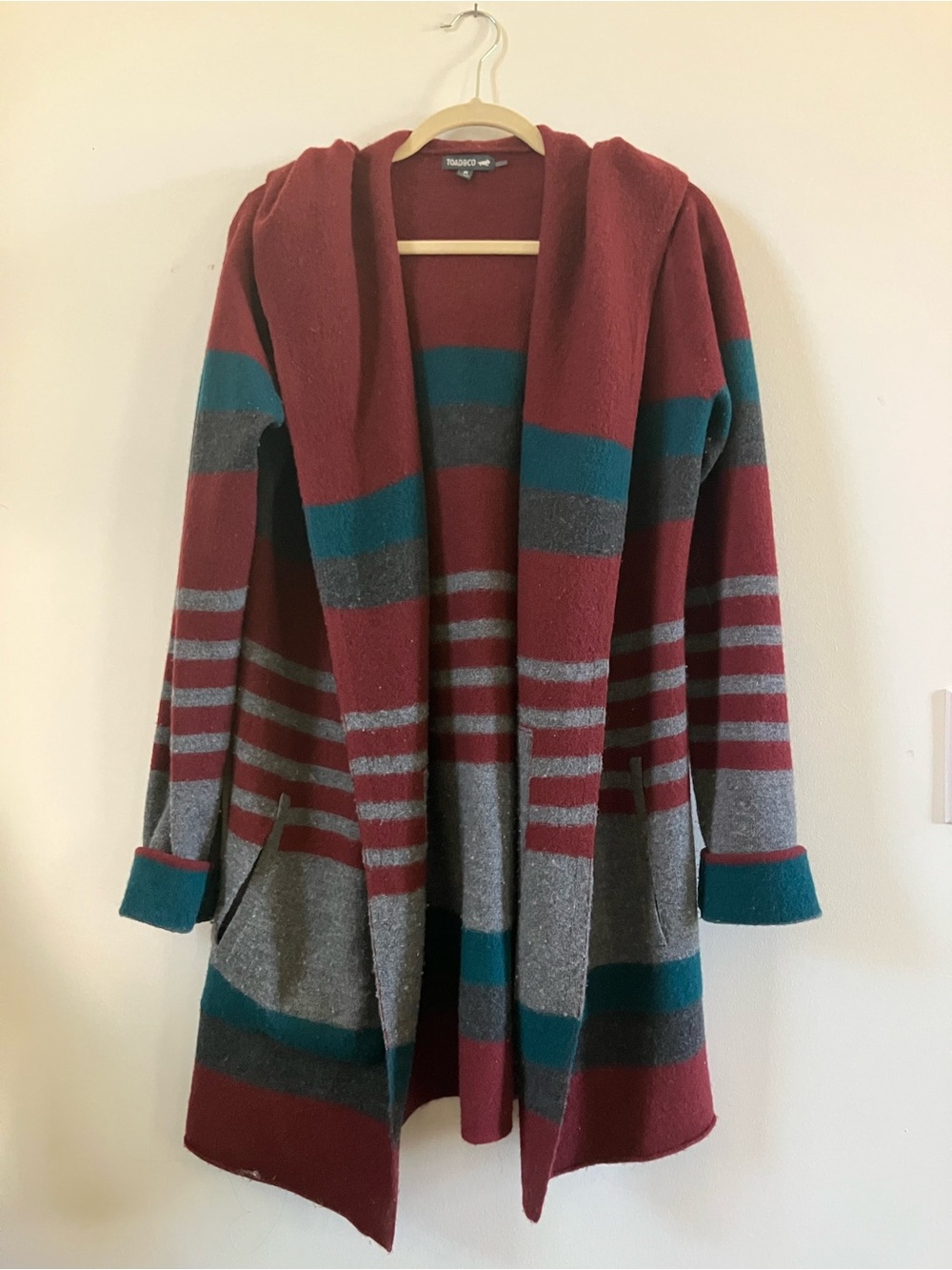 Toad&Co Burgundy Teal Gray Striped Hooded Cardigan